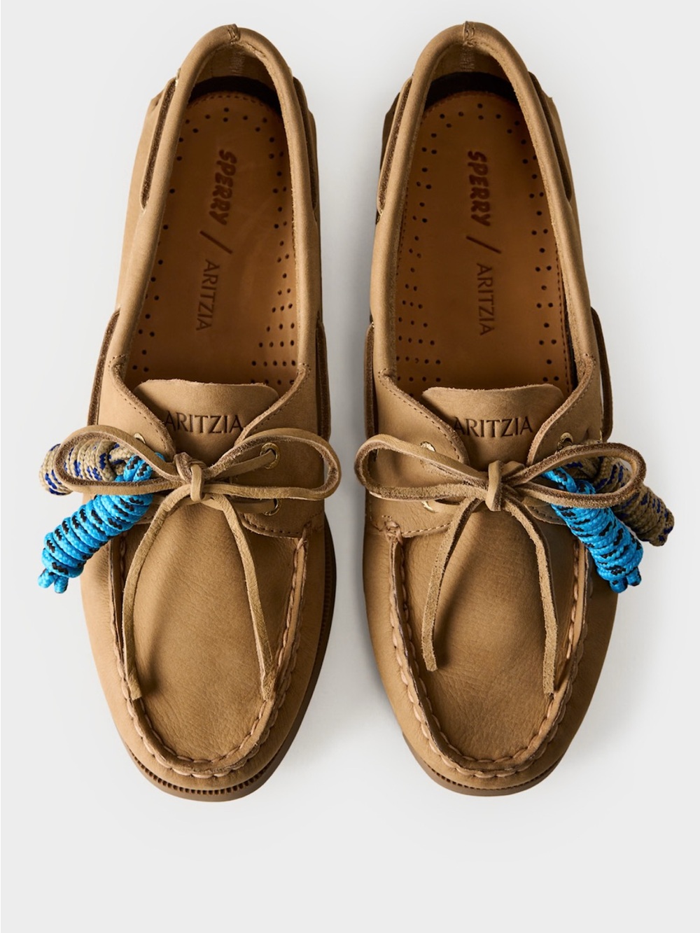 Aritzia Women's Tan Leather Moccasin Boat Shoes with Blue Accent Laces